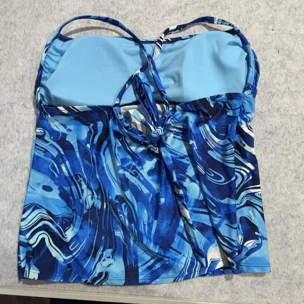 Peyton & Parker Tankini Swim Top Size L Blue Abstract Nautical Tie Back Straps
